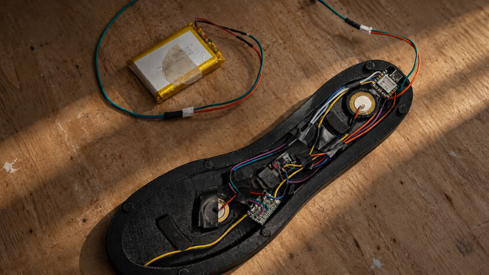 Editorial view of the Prognosole insole prototype on a timber workbench