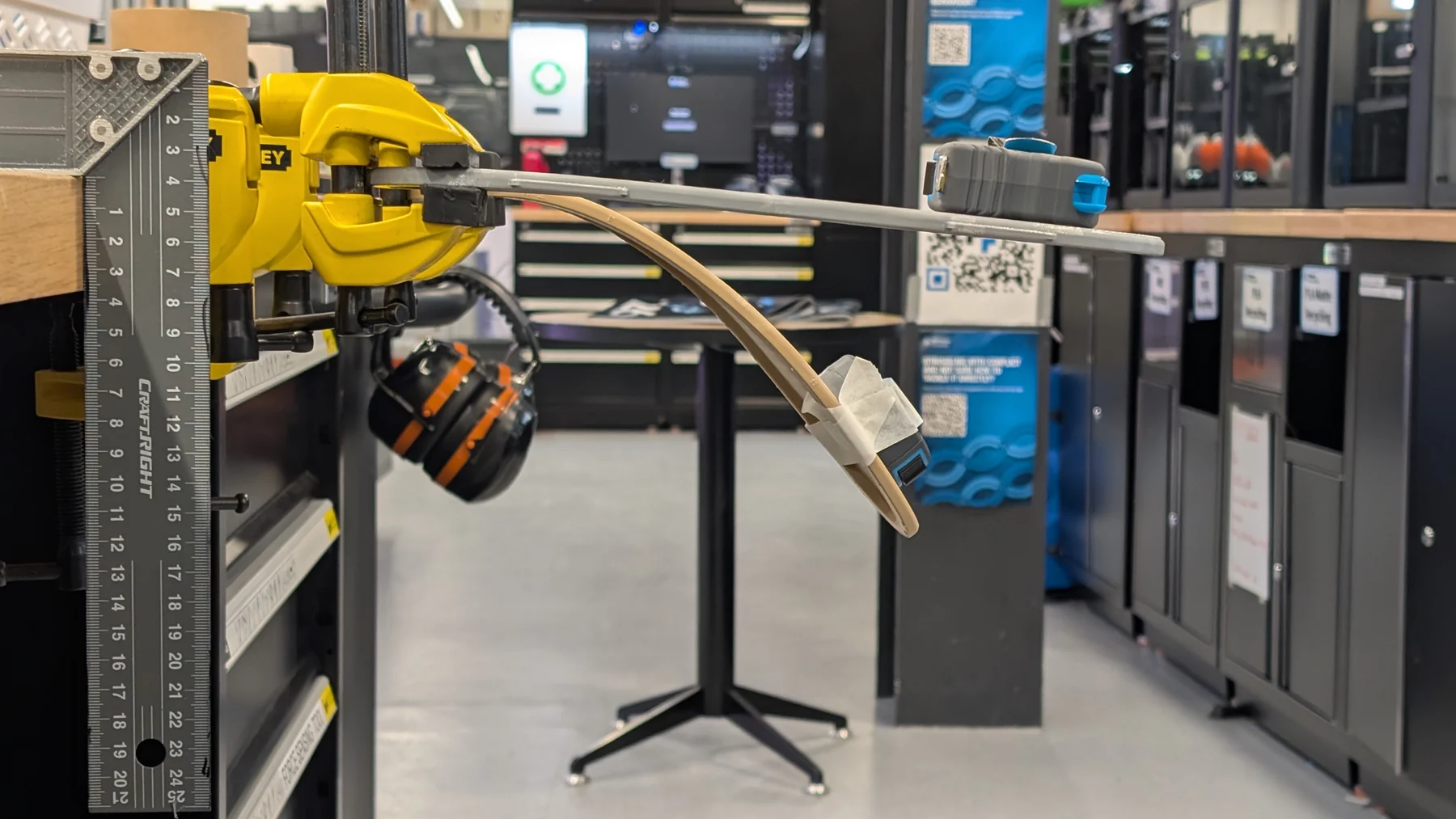 Mechanical foot test rig on an engineering workshop bench